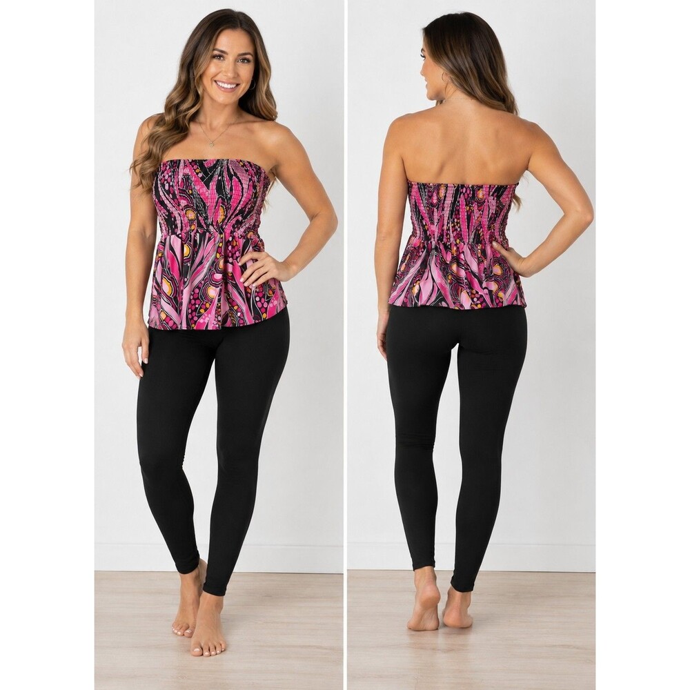Women’s Large Strapless Smocked Tube Top Pink Black Abstract Print Peplum